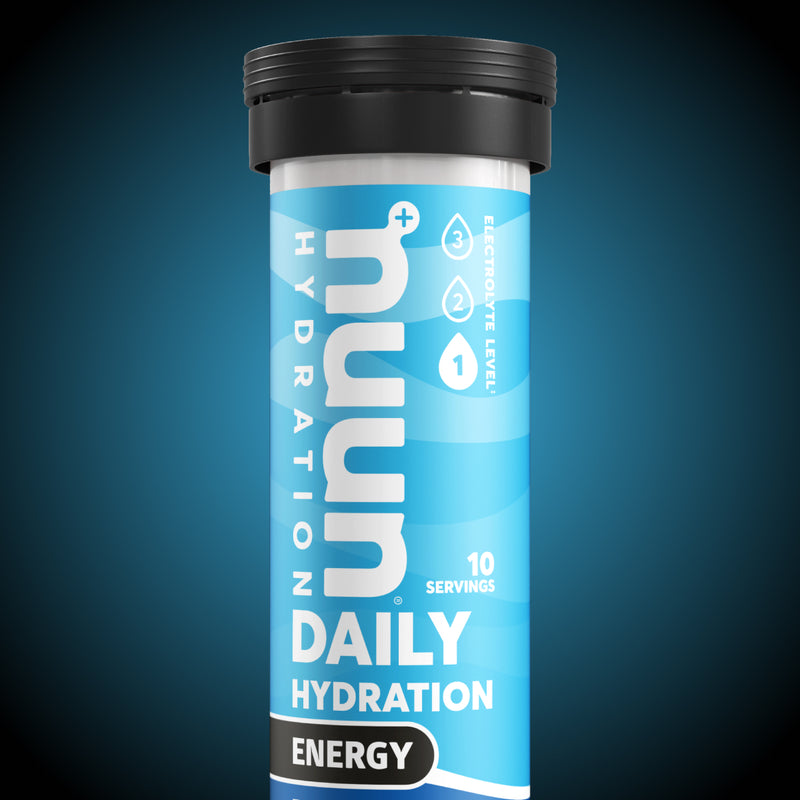 Tube of Nuun Energy on a blue and black background.